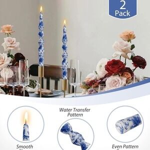 7" Blue & White Printed Unscented Spiral Dinner Taper Candles -‎ Lot of 14